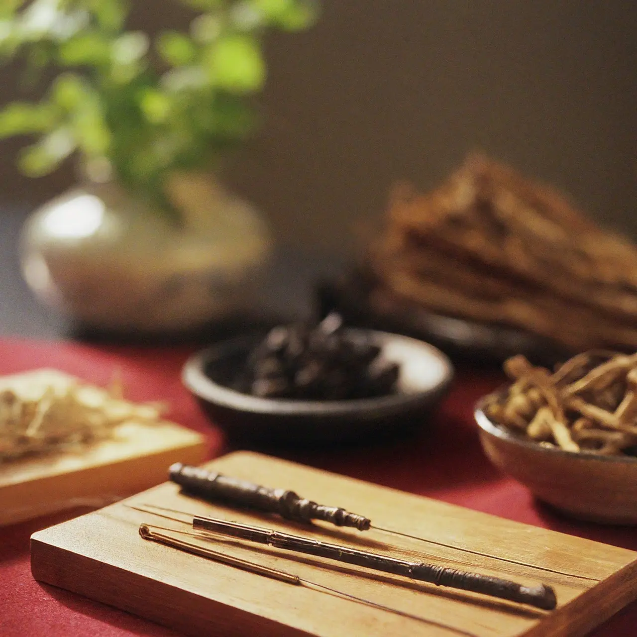 A tranquil scene with traditional Chinese medicinal herbs and acupuncture tools. 35mm stock photo