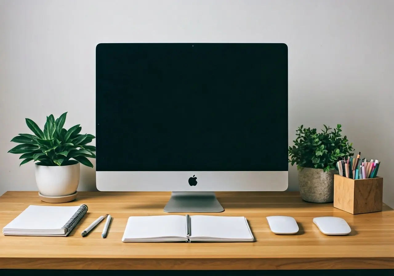 A stylish desk setup with a computer, plants, and notepads. 35mm stock photo