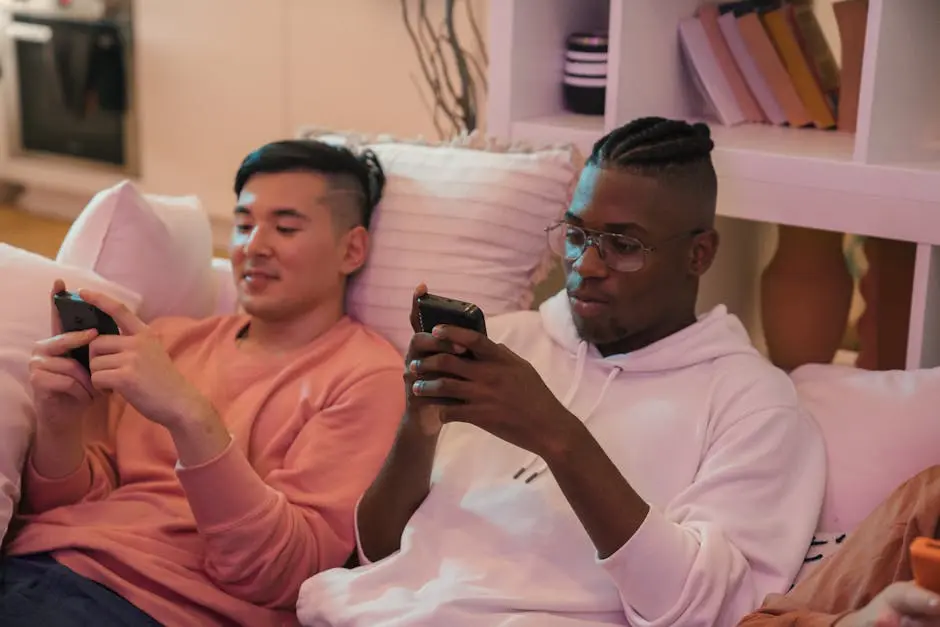 Two young men sitting on a couch, playing games on their phones and enjoying a relaxed evening indoors.