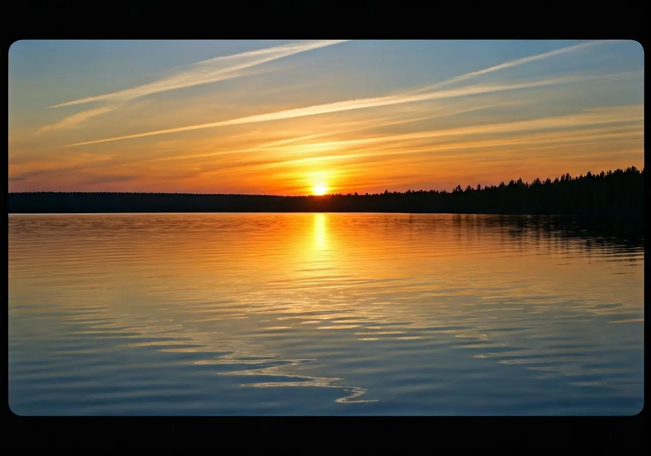 A serene sunset over a calm, reflective body of water. 35mm stock photo