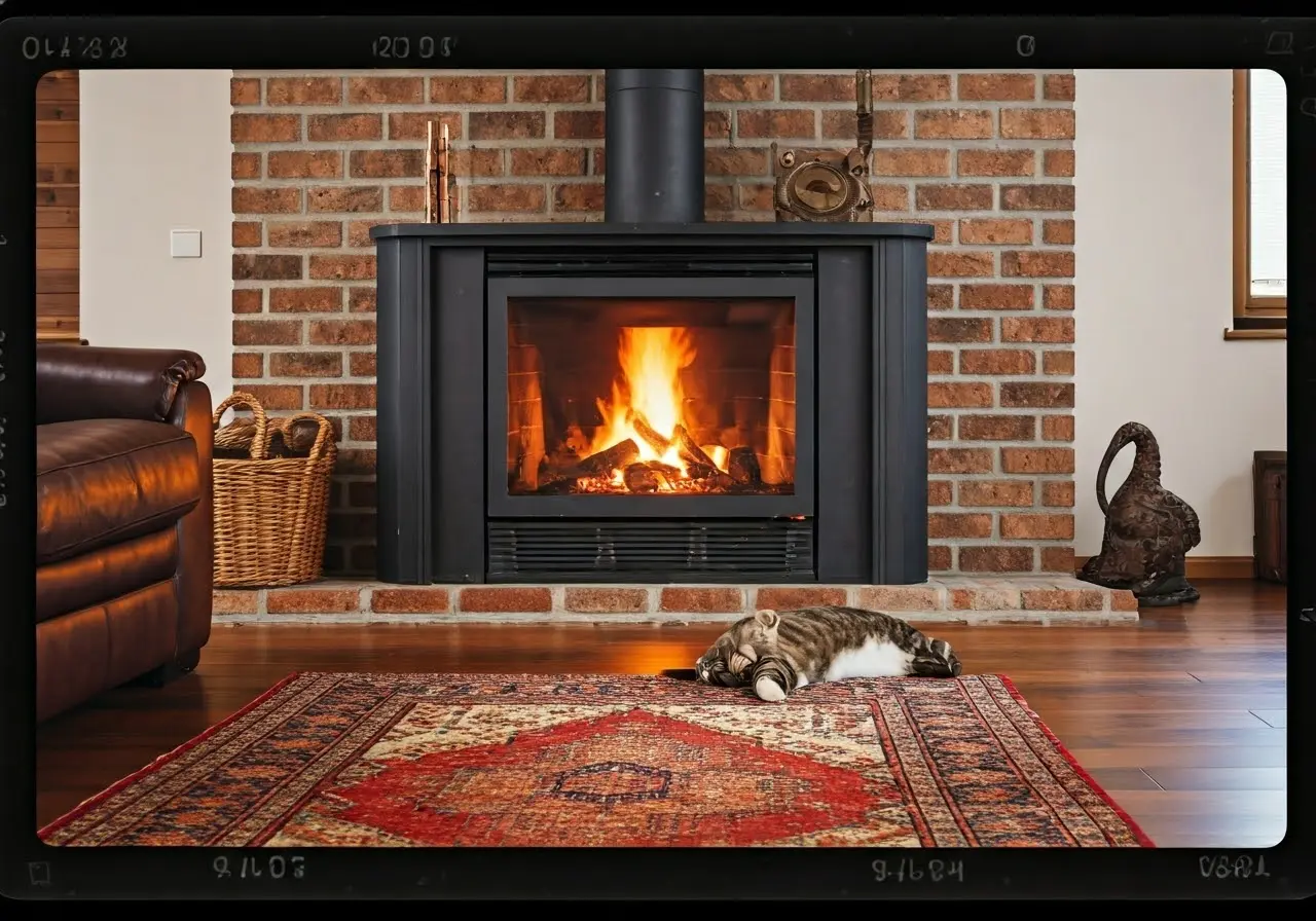 A cozy fireplace with a cat laying on a rug. 35mm stock photo