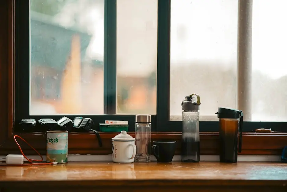 Bottles, Mugs and Accessories on Table by Window