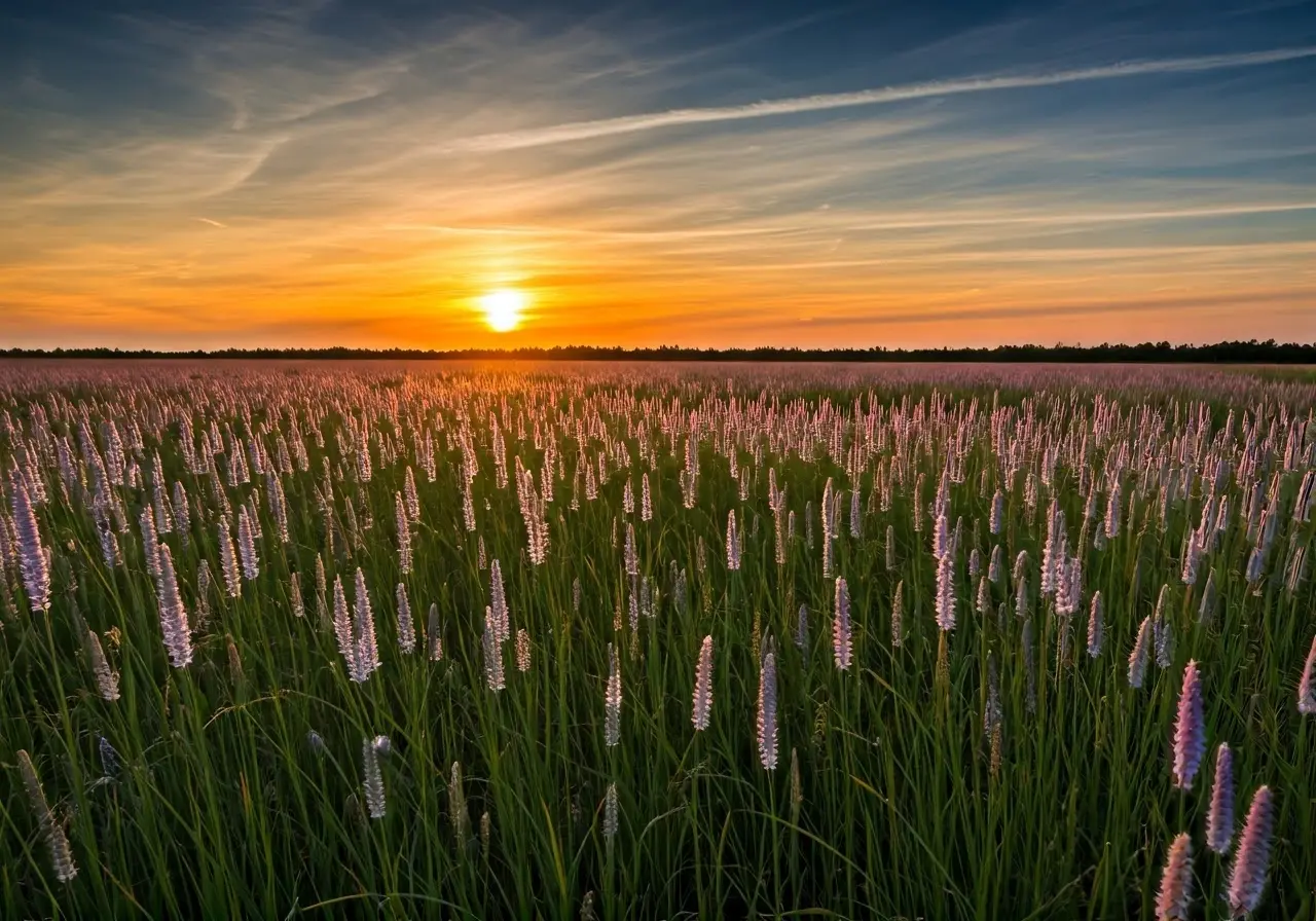 A serene sunset over a tranquil field of wildflowers. 35mm stock photo