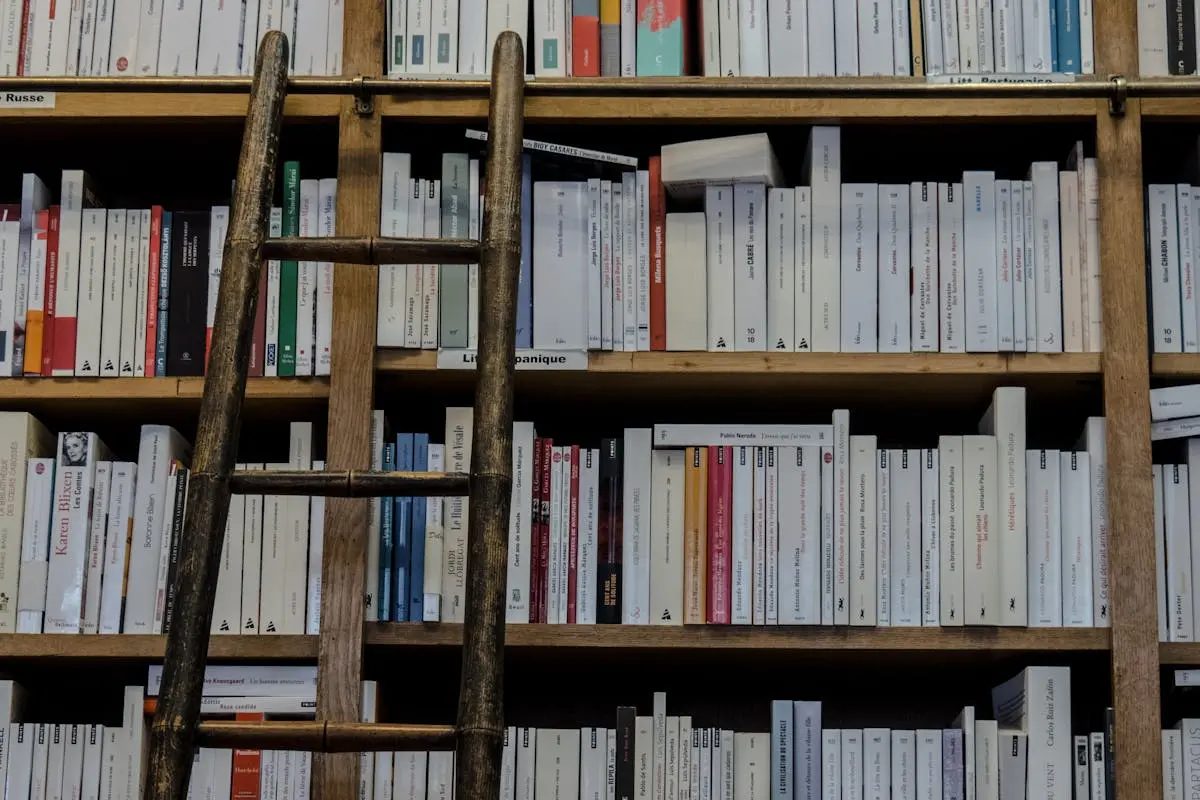 Brown Wooden Ladder on Brown Wooden Bookshelf