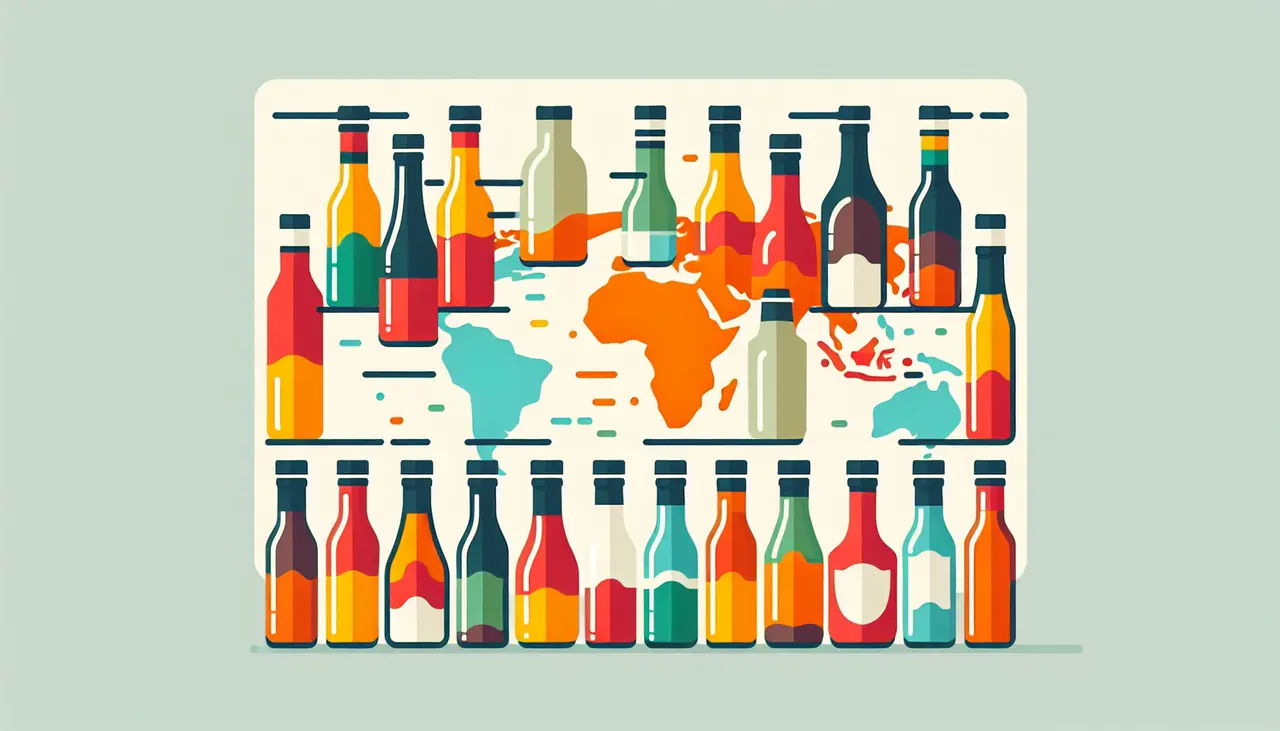 Draw a graphic in flat design style. Illustrate various colorful culinary sauces in minimalistic bottles set against a global map outline.