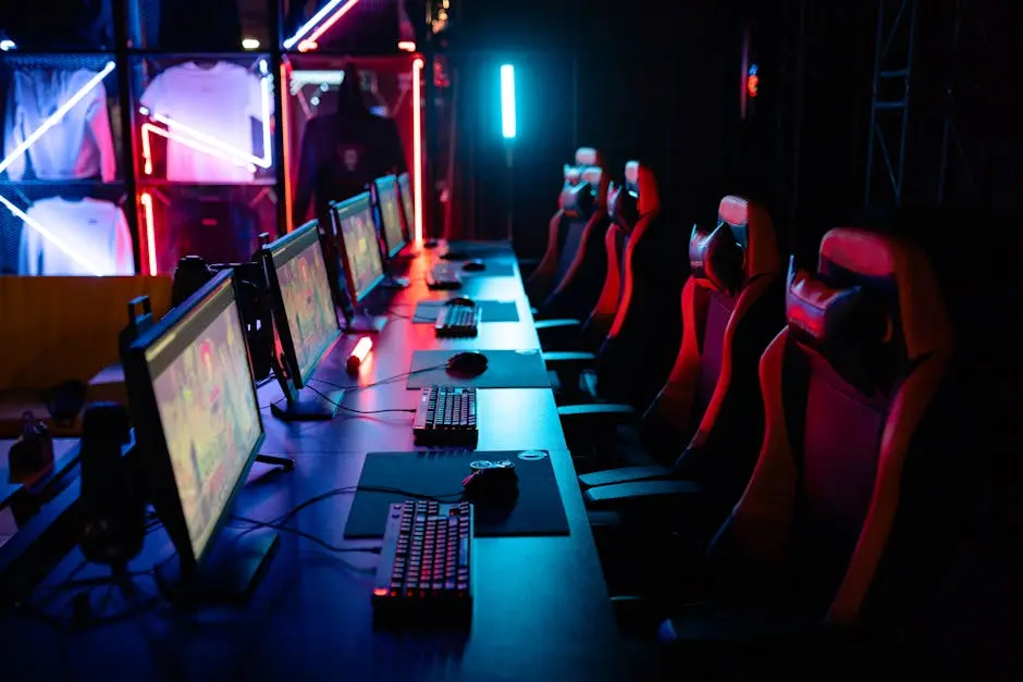 High-tech gaming setup with PCs, RGB lighting, and gaming chairs in a gaming house.