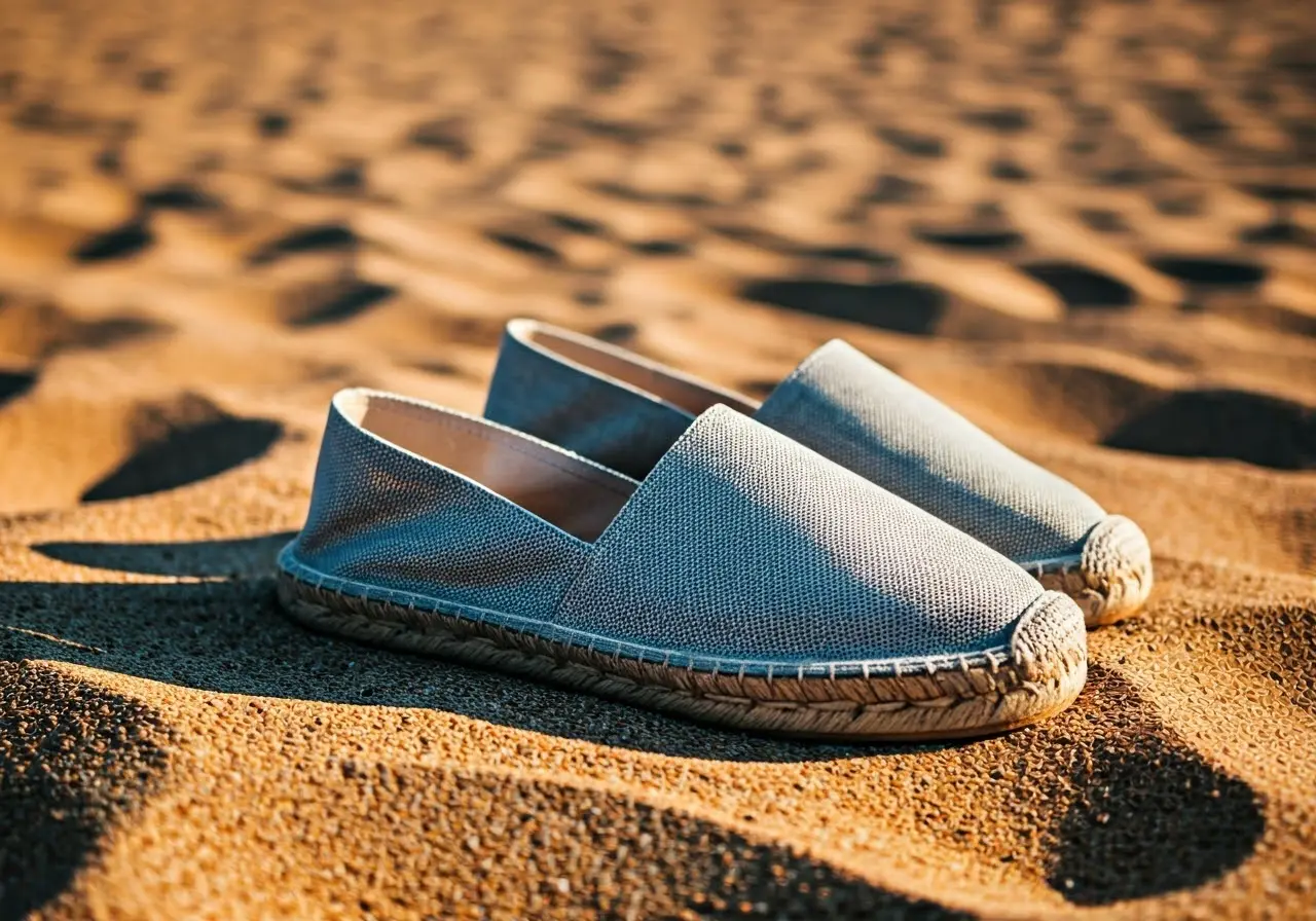 A pair of stylish espadrilles on a sandy beach. 35mm stock photo