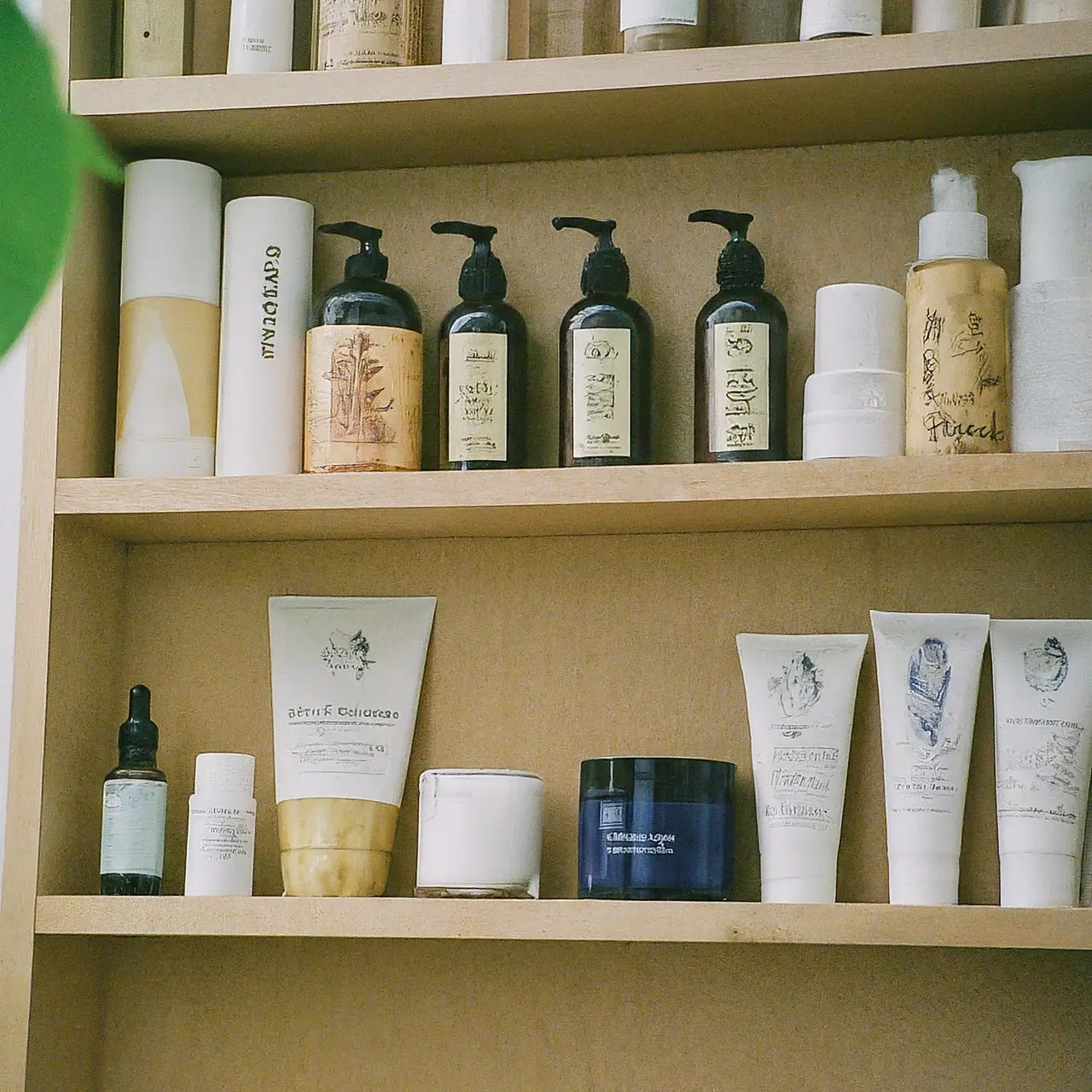 A shelf of high-end, cruelty-free bodycare products. 35mm stock photo