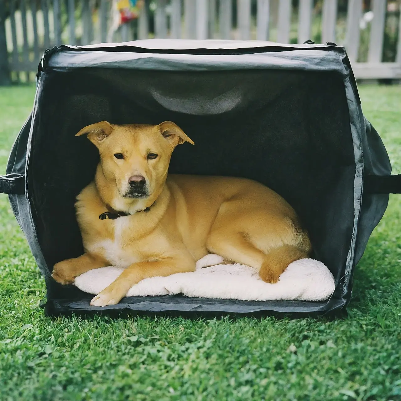 A dog resting inside a collapsible crate. 35mm stock photo