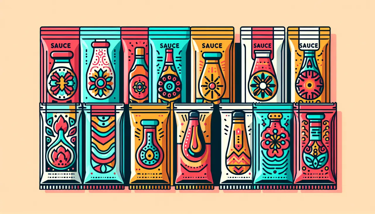 Draw a graphic in flat design style. Create an image of a colorful selection of sauce sachets neatly arranged in a row, each with a different design, against a clean, pastel background.