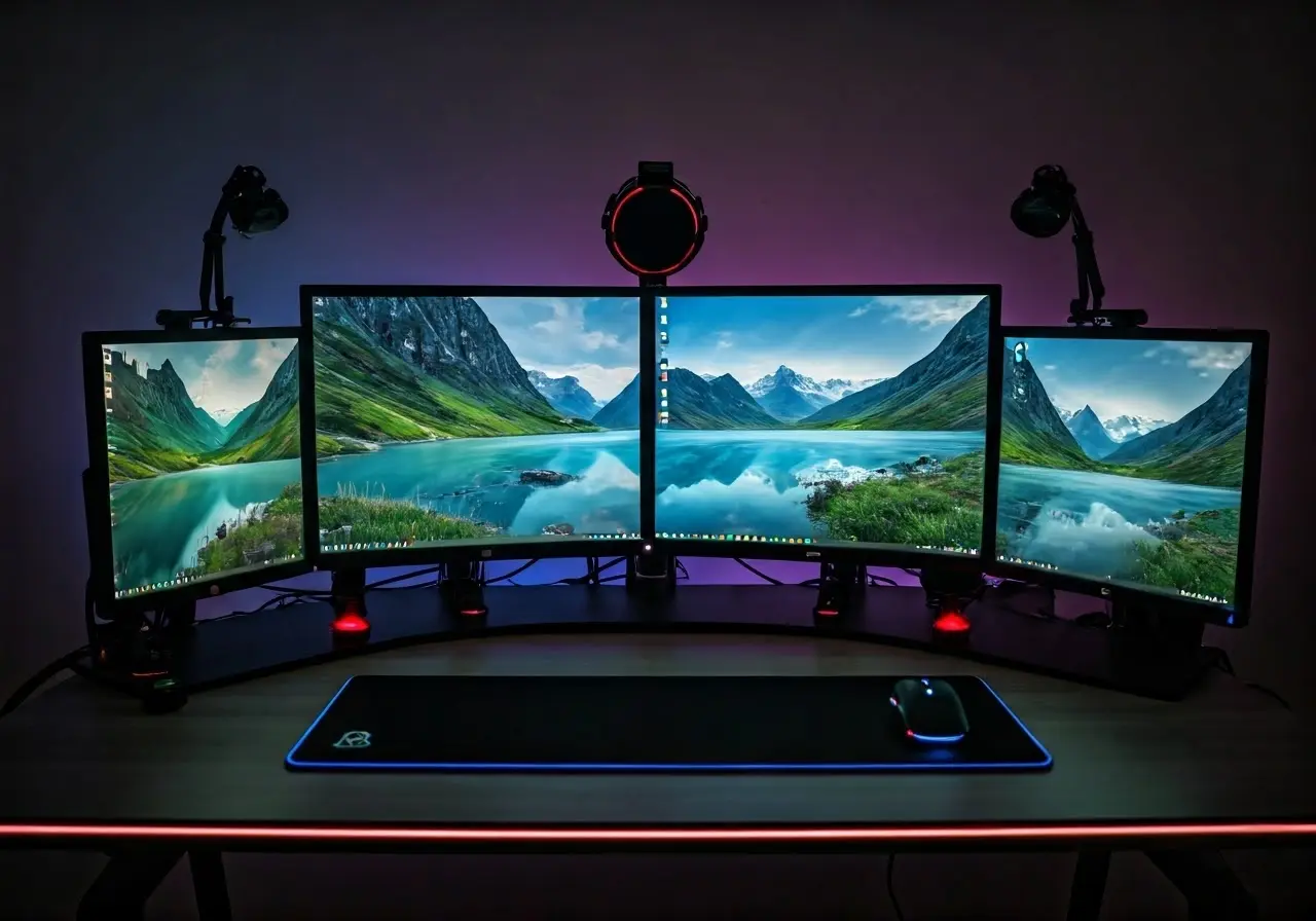 A neatly organized gaming desk with multi-level monitor stands. 35mm stock photo