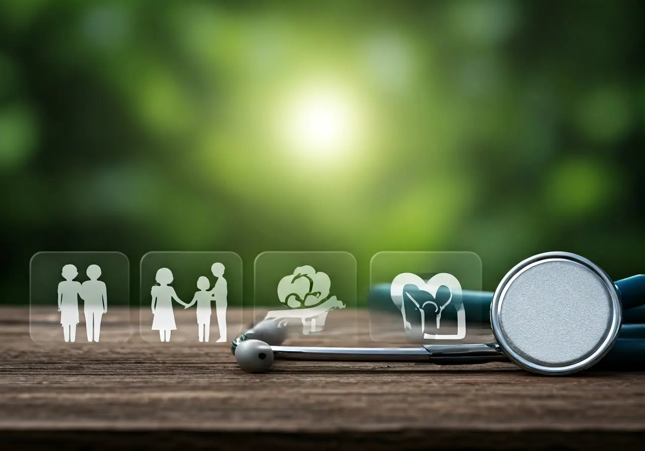 Healthy lifestyle icons with family silhouette and stethoscope nearby. 35mm stock photo