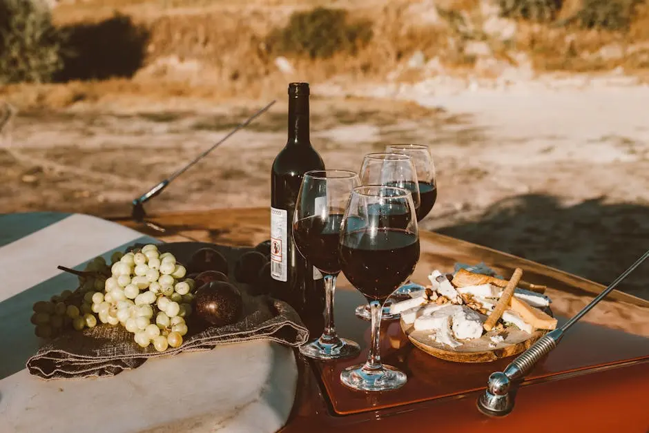 Close-up of Wine and Fruits on the Trunk of the Car