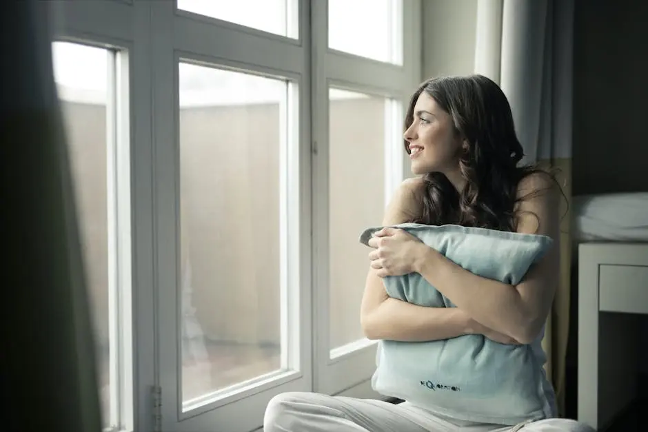 Black Haired Woman Hugging Gray Pillow Near Glass-panel Window