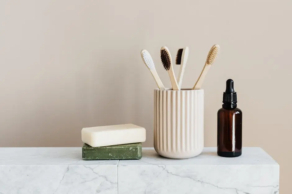 Collection of organic soaps and bamboo toothbrushes in ceramic minimalism style holder placed near renewable glass bottle with essential oil on white marble tabletop against beige wall