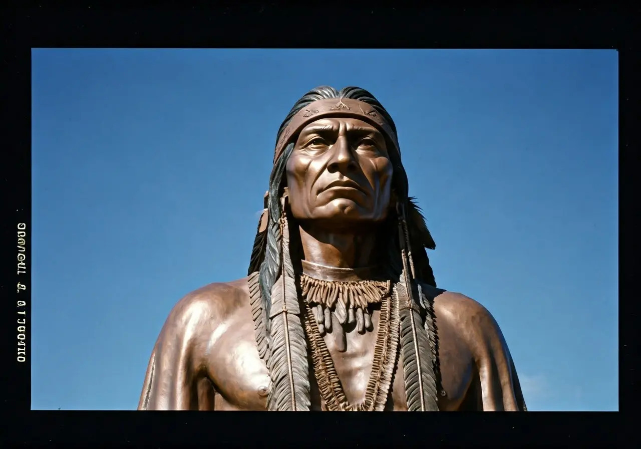 Bronze Native American statue against a blue sky backdrop. 35mm stock photo