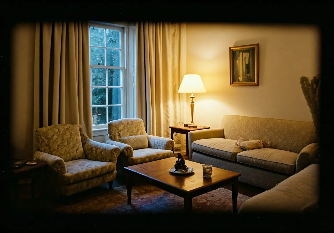 A cozy living room with soft lighting and peaceful decor. 35mm stock photo