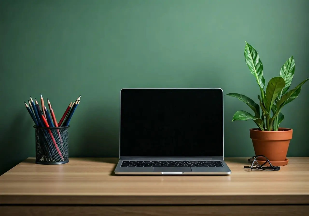 A cozy home office setup with a green plant. 35mm stock photo