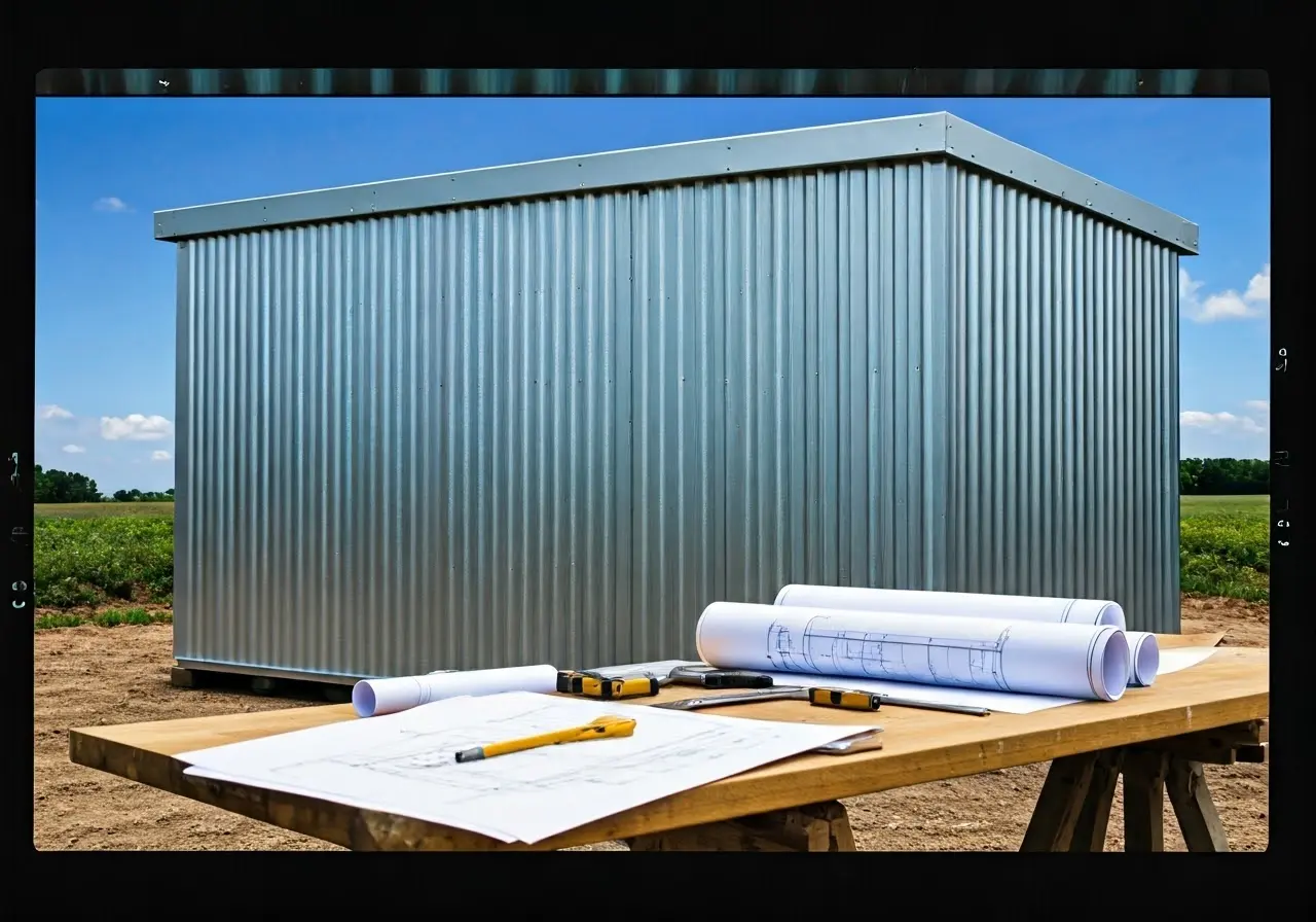 A modern steel shed with blueprints and tools on a table. 35mm stock photo