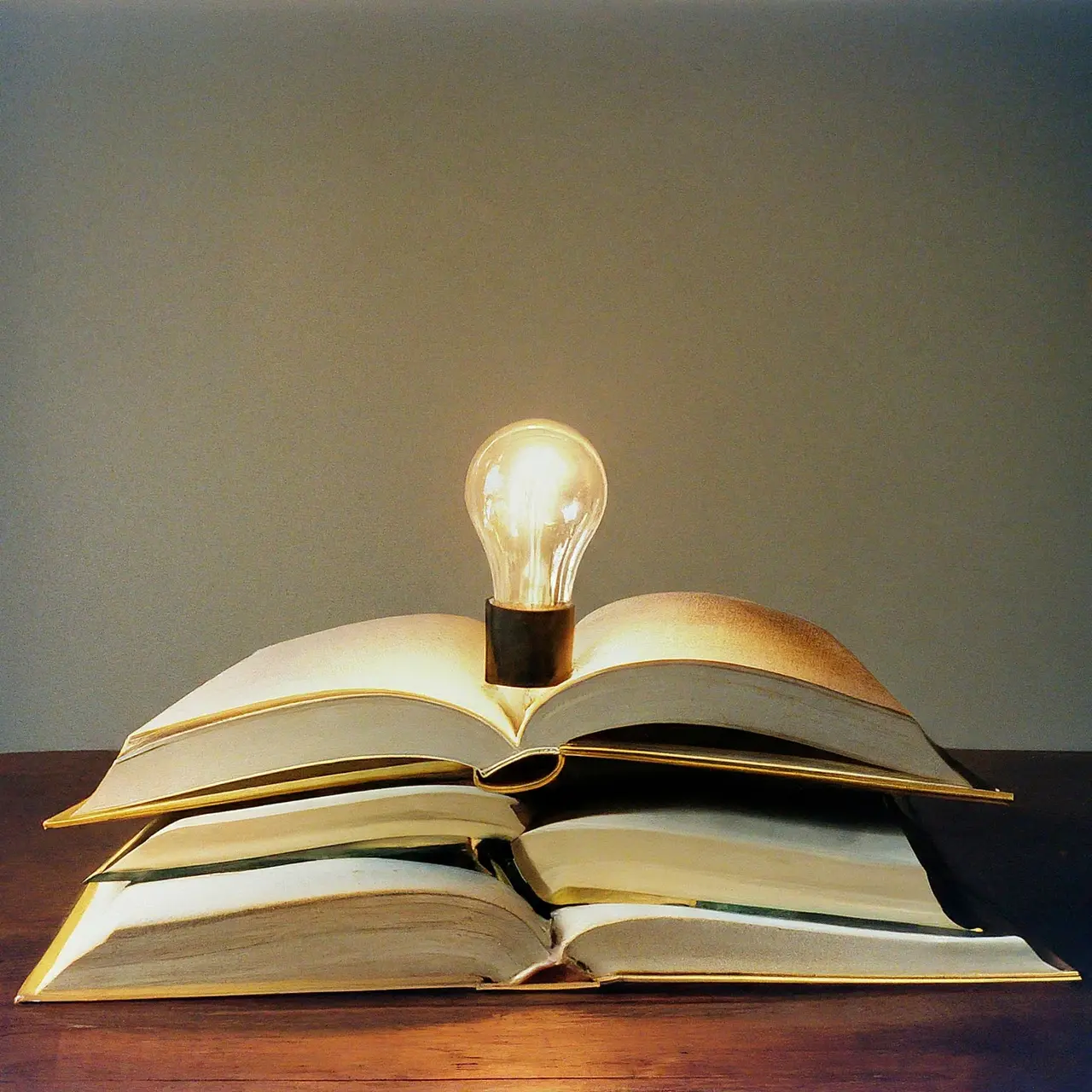 A stack of open books with a glowing light bulb. 35mm stock photo