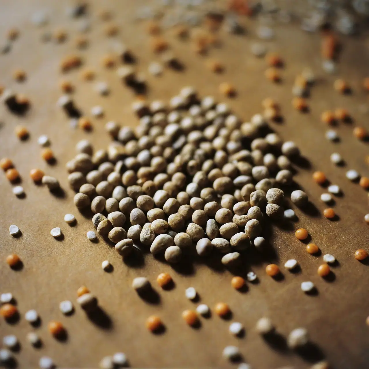 A variety of grains spread out on a wooden surface. 35mm stock photo