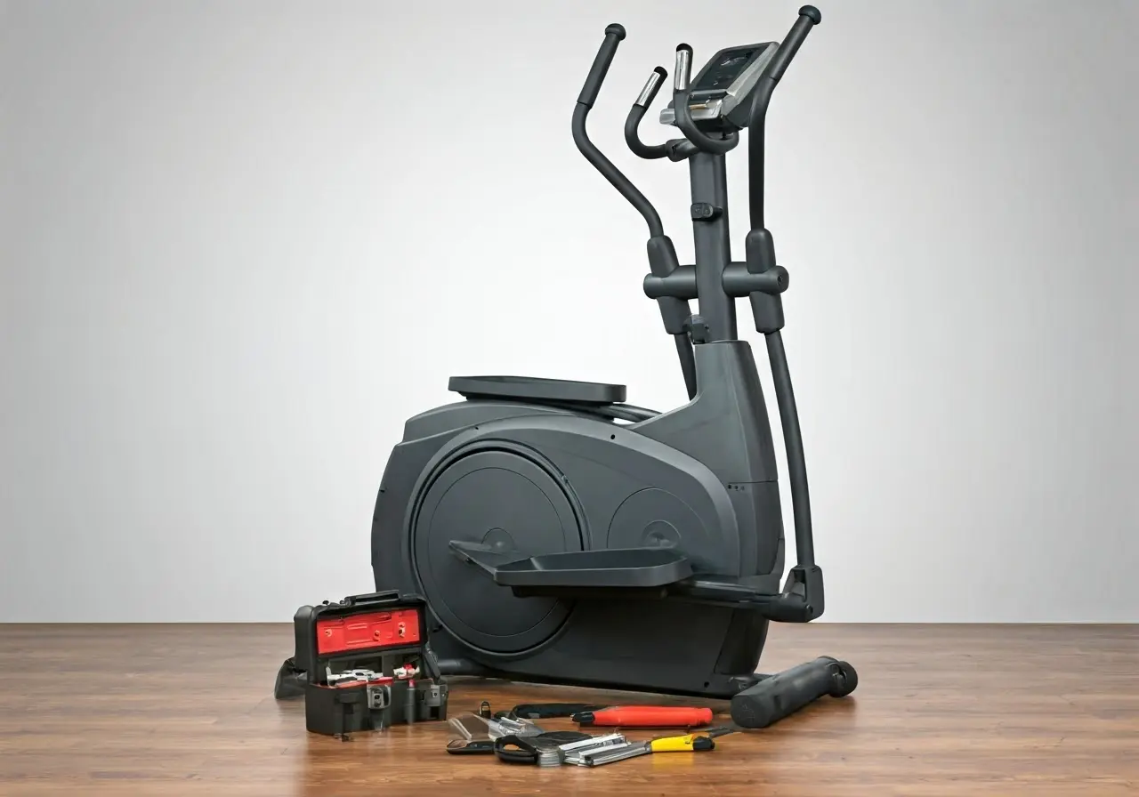 Elliptical machine with a maintenance toolkit beside it. 35mm stock photo