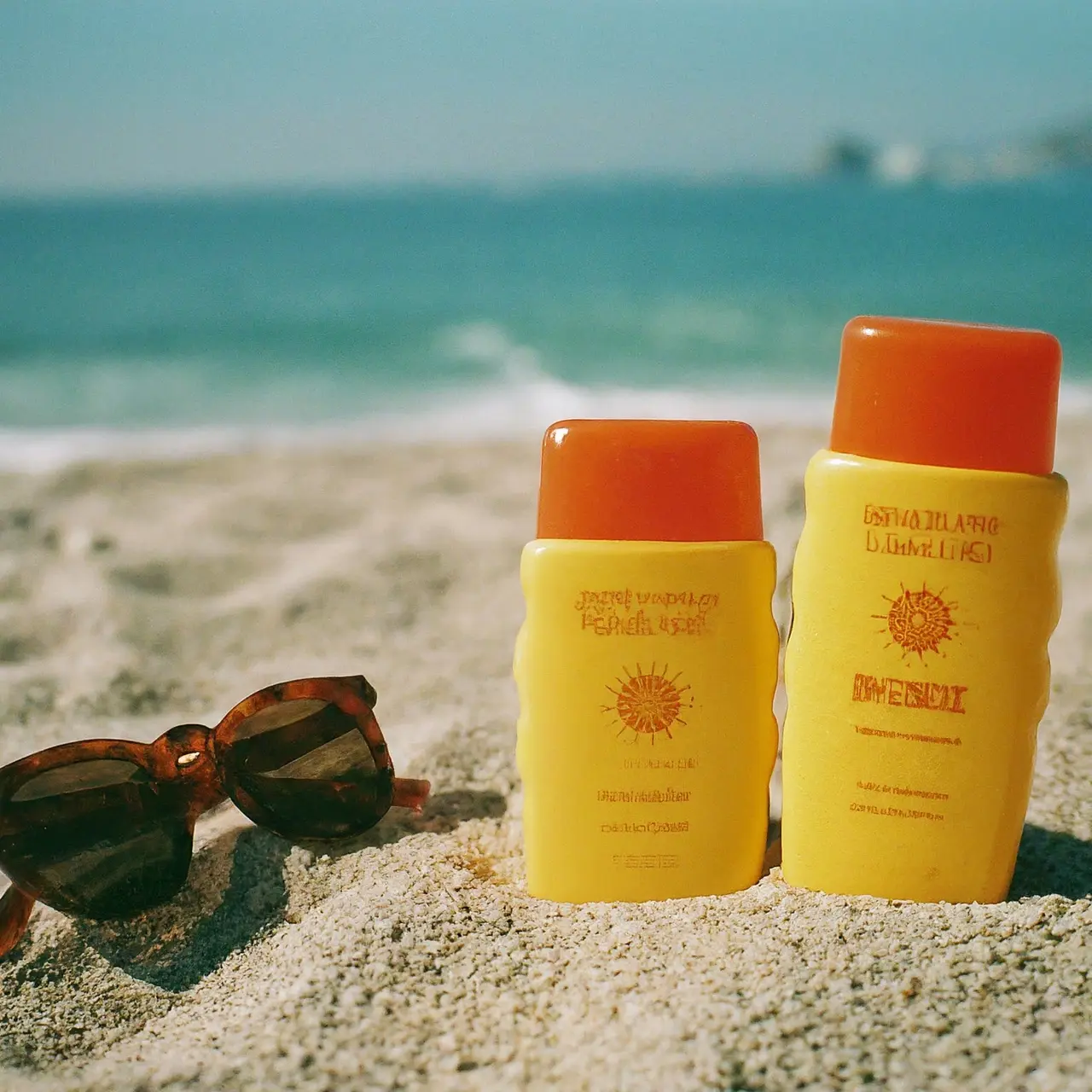 Sunscreen bottles on a sunny beach background. 35mm stock photo