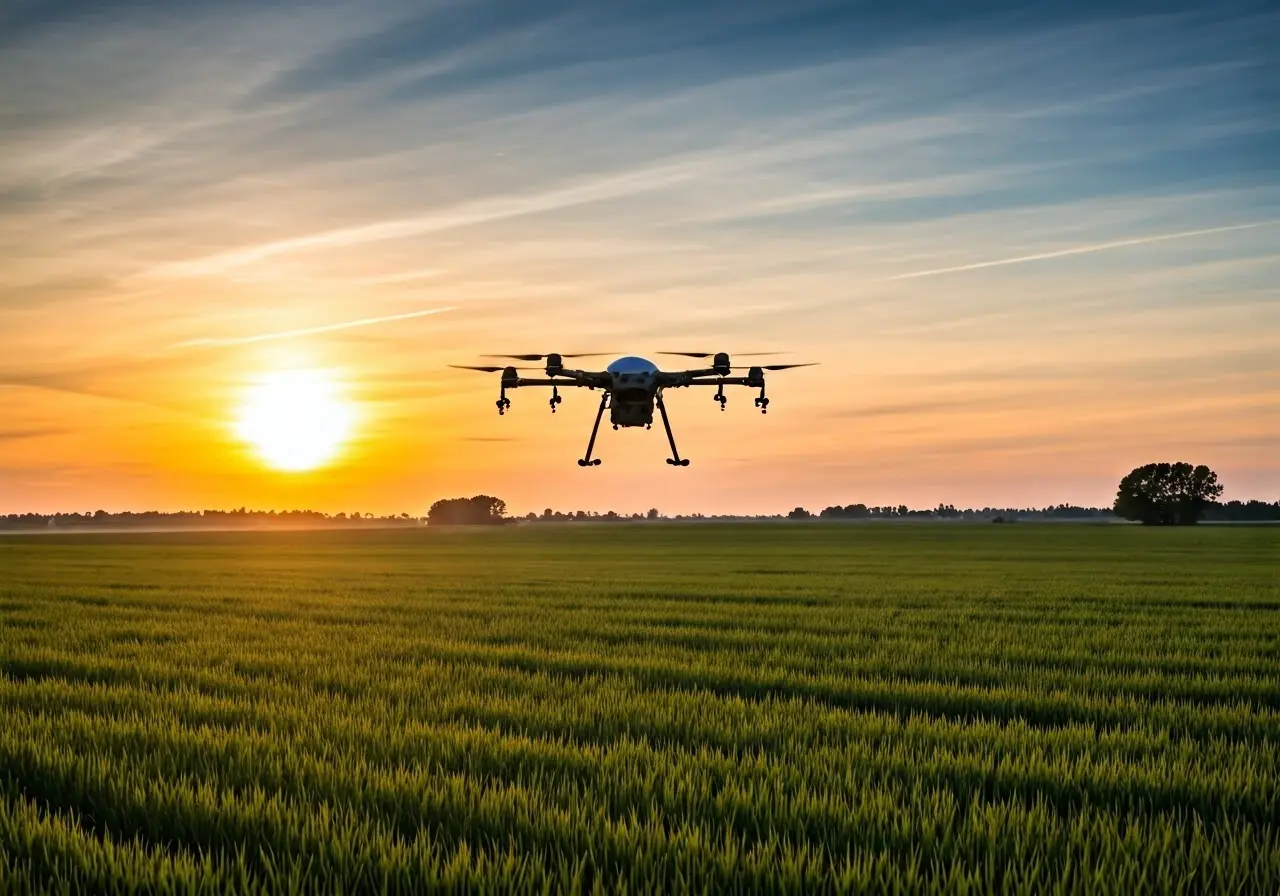 A drone spraying a field at sunset in rural landscape. 35mm stock photo