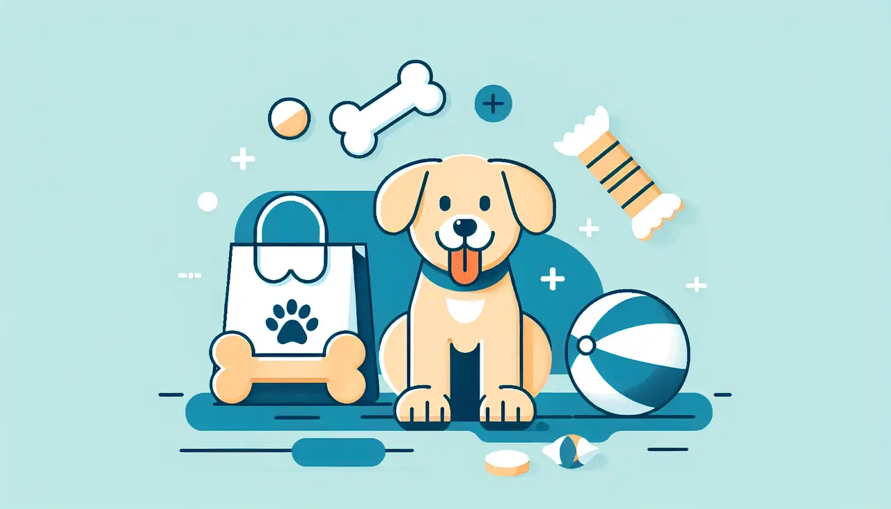 Draw a graphic in flat design style. A dog happily sitting with a bone, a toy, and a treat bag around it in a simple, clean setting.