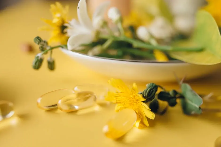 Close-up of herbal capsules and flowers on a yellow background, natural wellness theme.