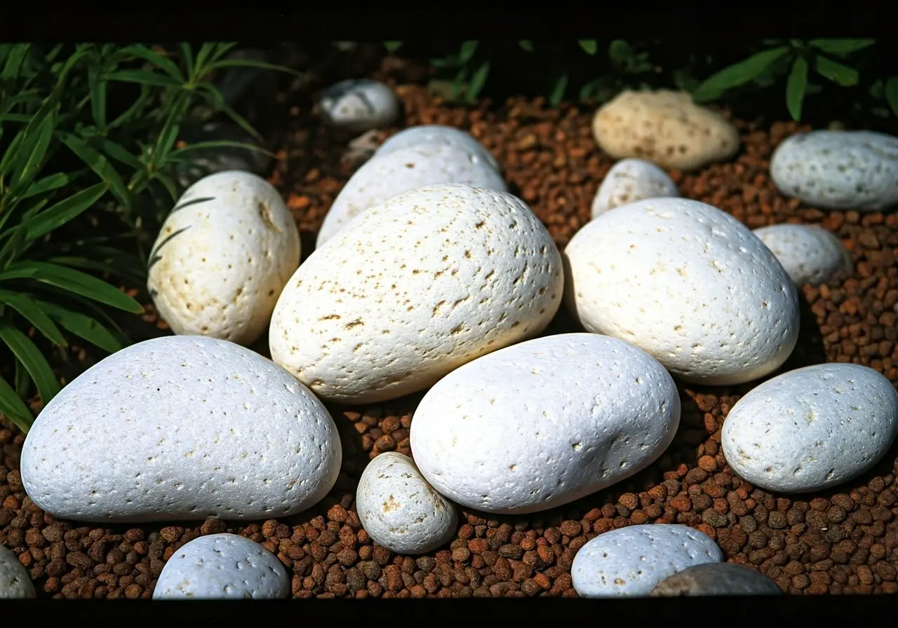 Various smooth white river rocks arranged artistically in a garden. 35mm stock photo