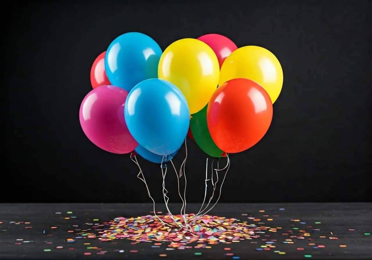 A colorful invitation with balloons and confetti design. 35mm stock photo