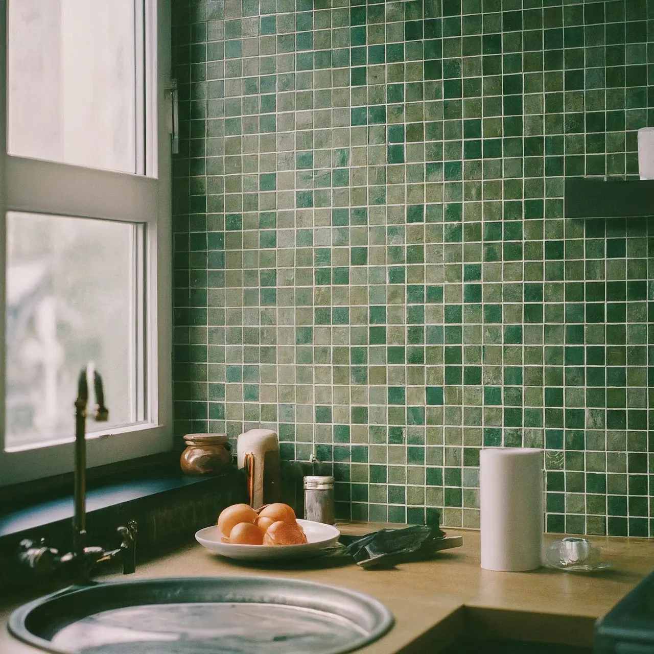 Modern kitchen with stylish backsplash tiles. 35mm stock photo