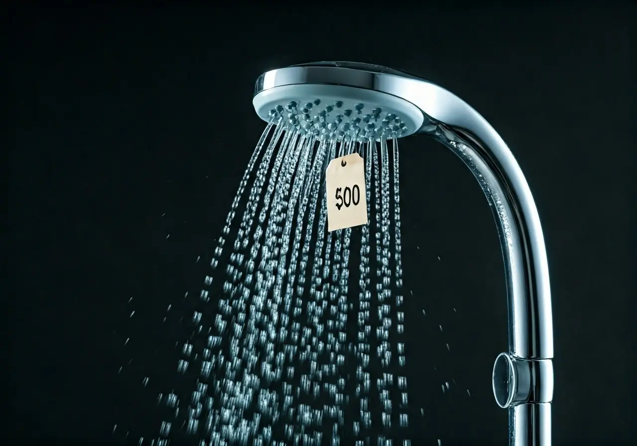 A water-saving showerhead with water droplets and price tags. 35mm stock photo