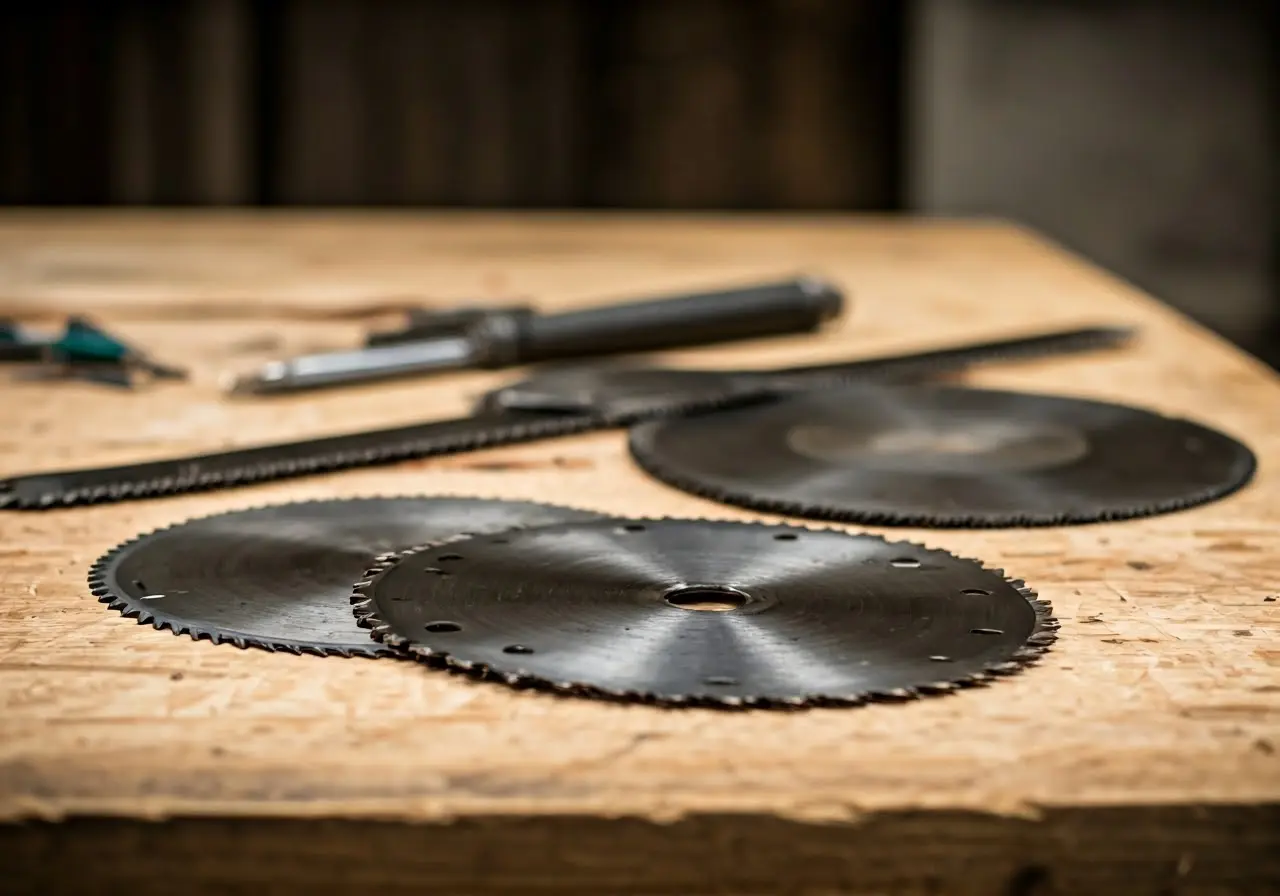 High-quality specialized saw blades on a wooden workbench. 35mm stock photo