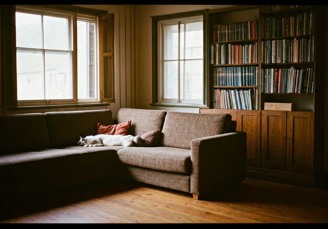 A cozy living room with a cat lounging on a sofa. 35mm stock photo