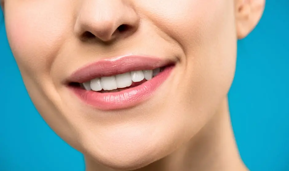 A close-up image of a woman’s smile with pink lipstick and white teeth against a blue background.