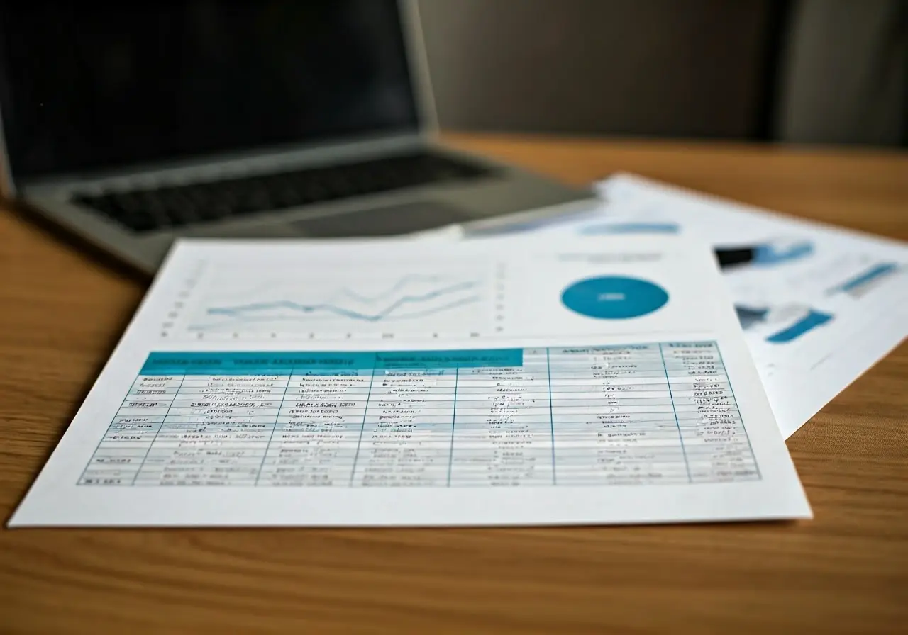 Spreadsheet with financial charts on a modern office desk. 35mm stock photo