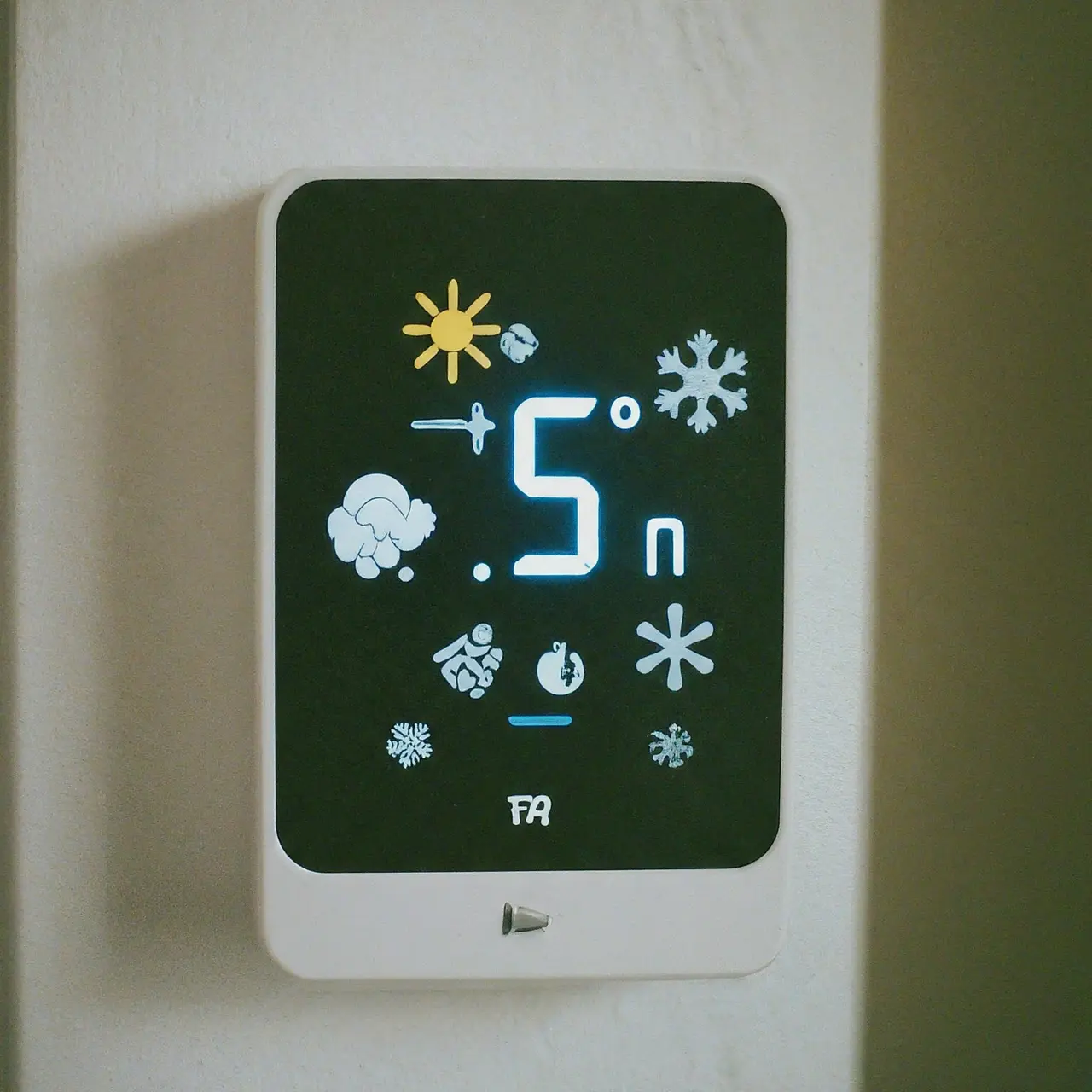 A thermostat set to a comfortable temperature with snow and sun icons. 35mm stock photo