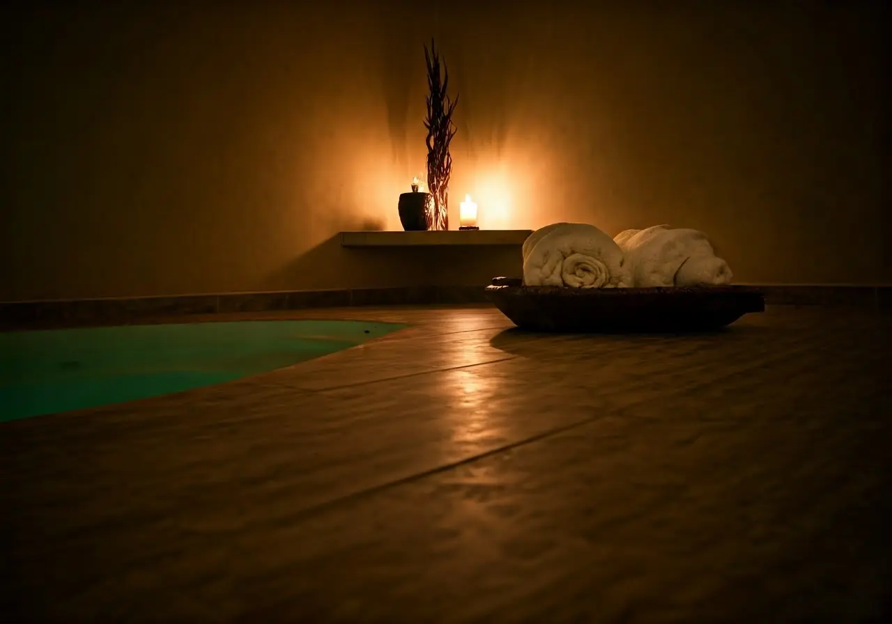 A serene spa room with calming lighting and decor. 35mm stock photo