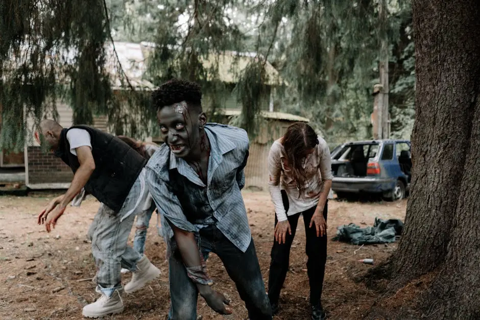 Zombies wandering in a forest, creating a spooky Halloween scene.