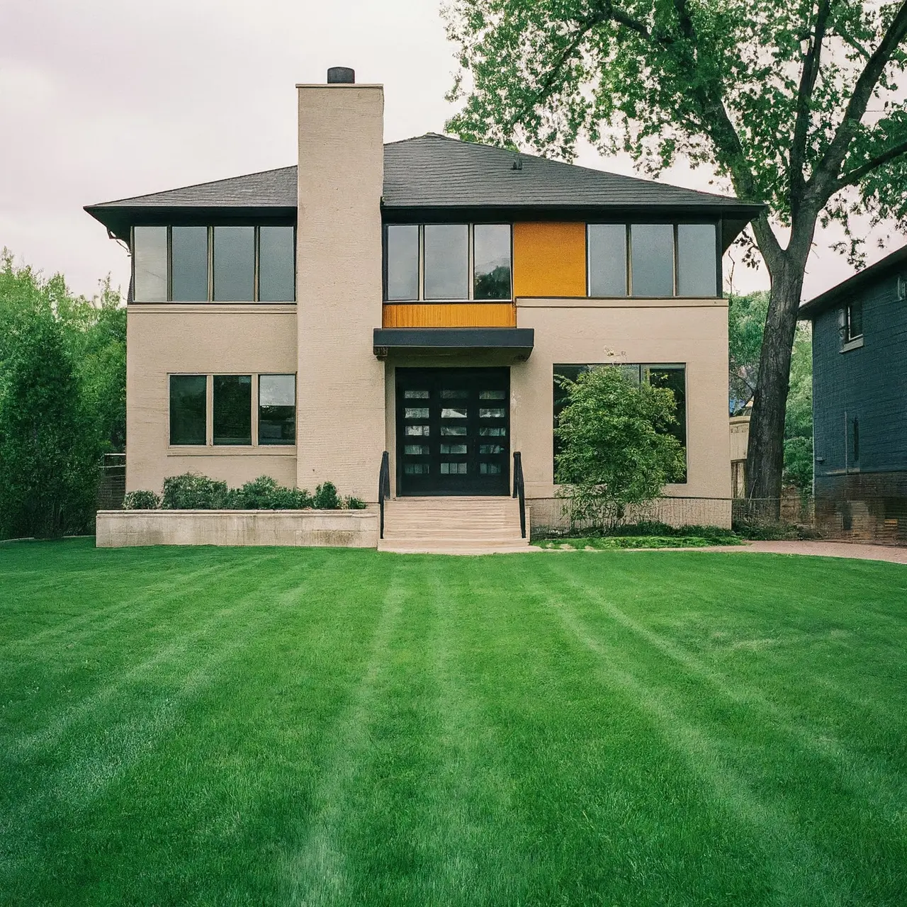 A clean, modern Minneapolis home exterior with lush green lawn. 35mm stock photo