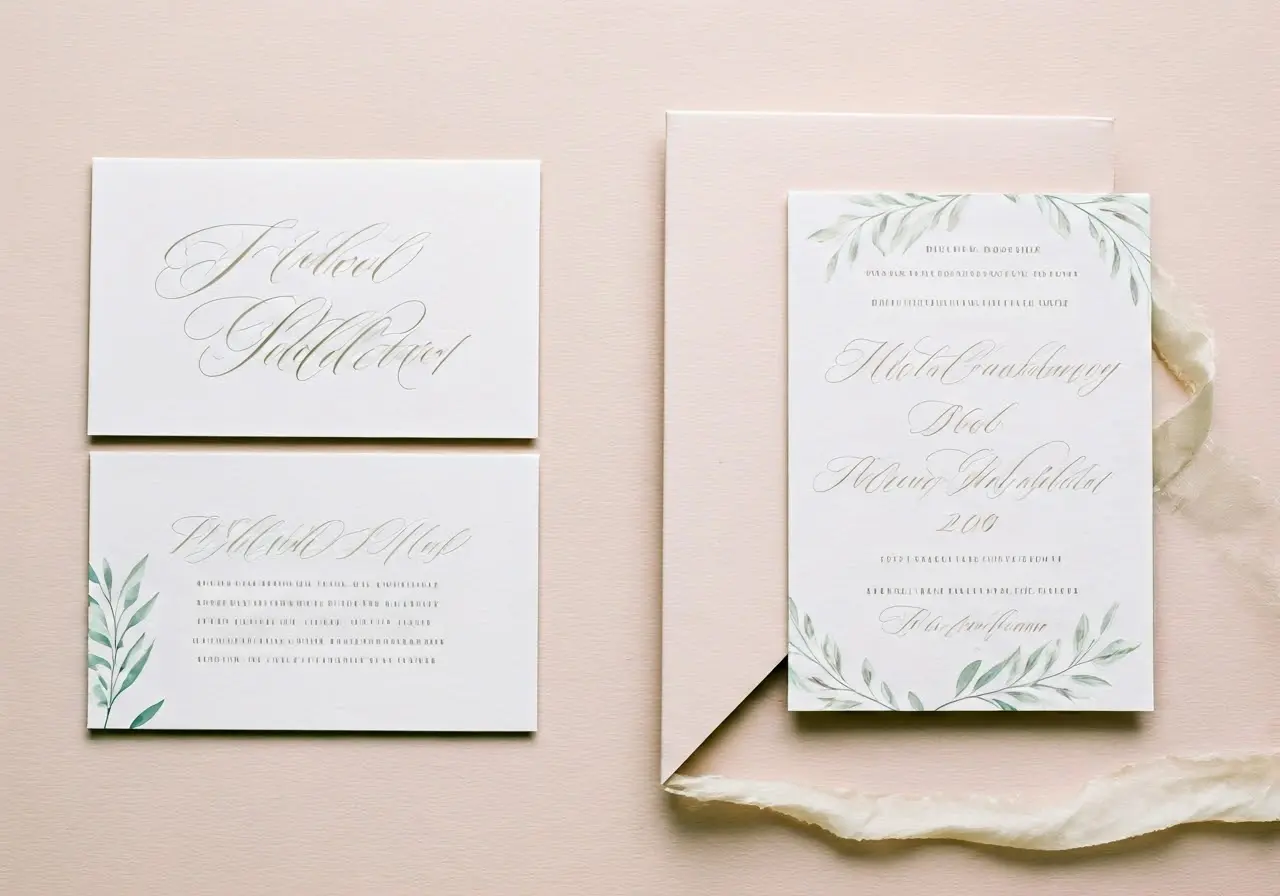 Elegant wedding invitations with floral and calligraphy details. 35mm stock photo