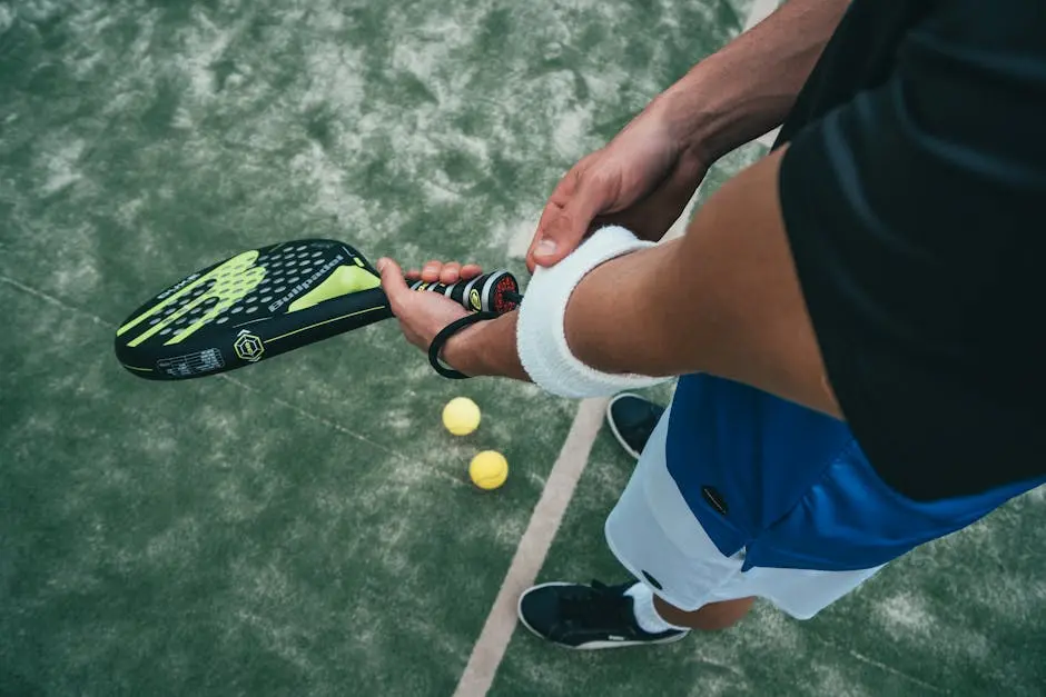 Close-up of a male padel player adjusting wristband on a court. Sports action focused.