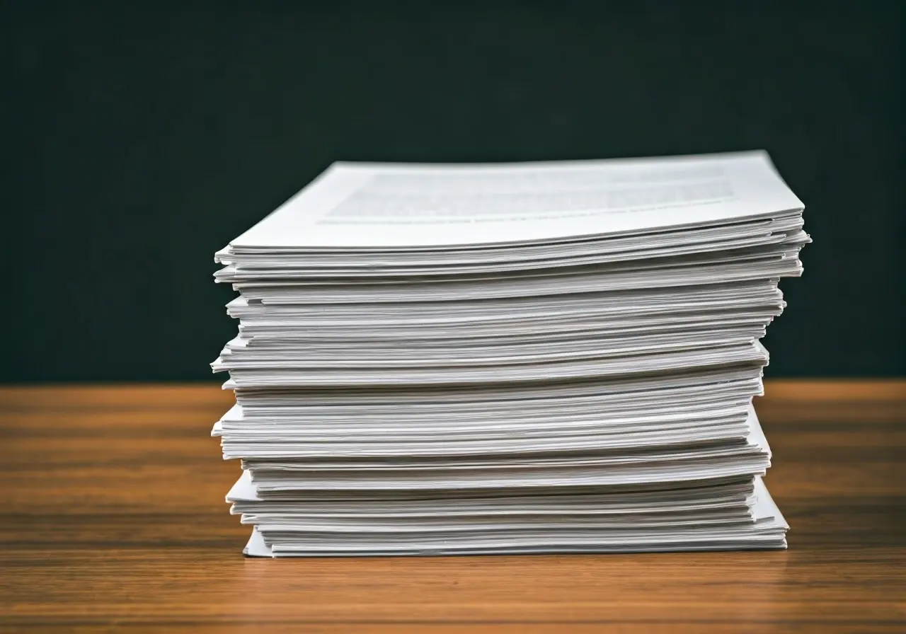 A stack of academic transcripts on a wooden desk. 35mm stock photo