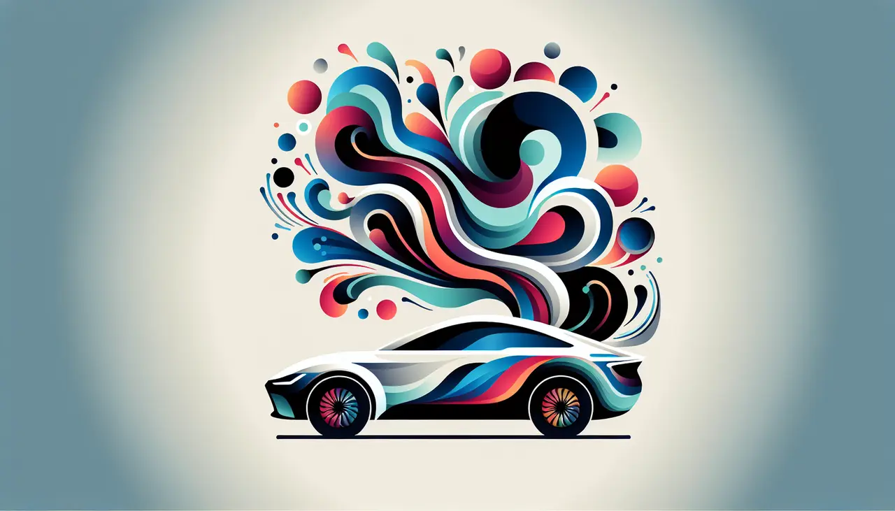 Draw a graphic in flat design style. A sleek, minimalist Audi car silhouette merging with abstract, colorful, imaginative lines and shapes.