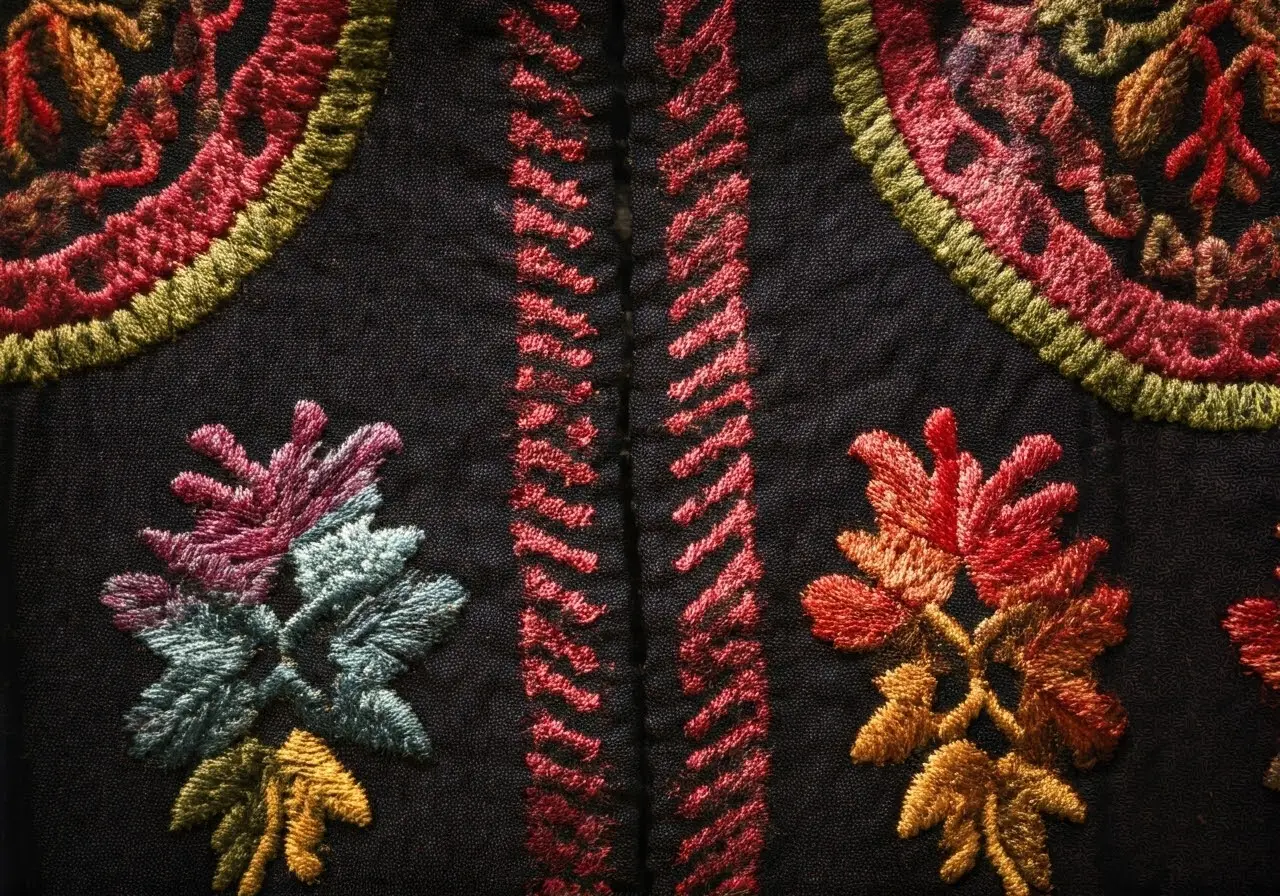 A close-up of colorful embroidered patterns on a dress. 35mm stock photo