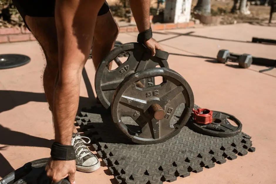 Body Builder Preparing a Barbell