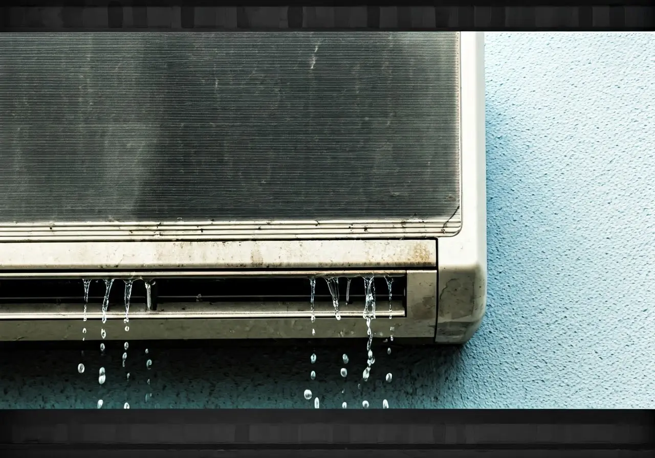 A broken air conditioner spilling water on a bright day. 35mm stock photo