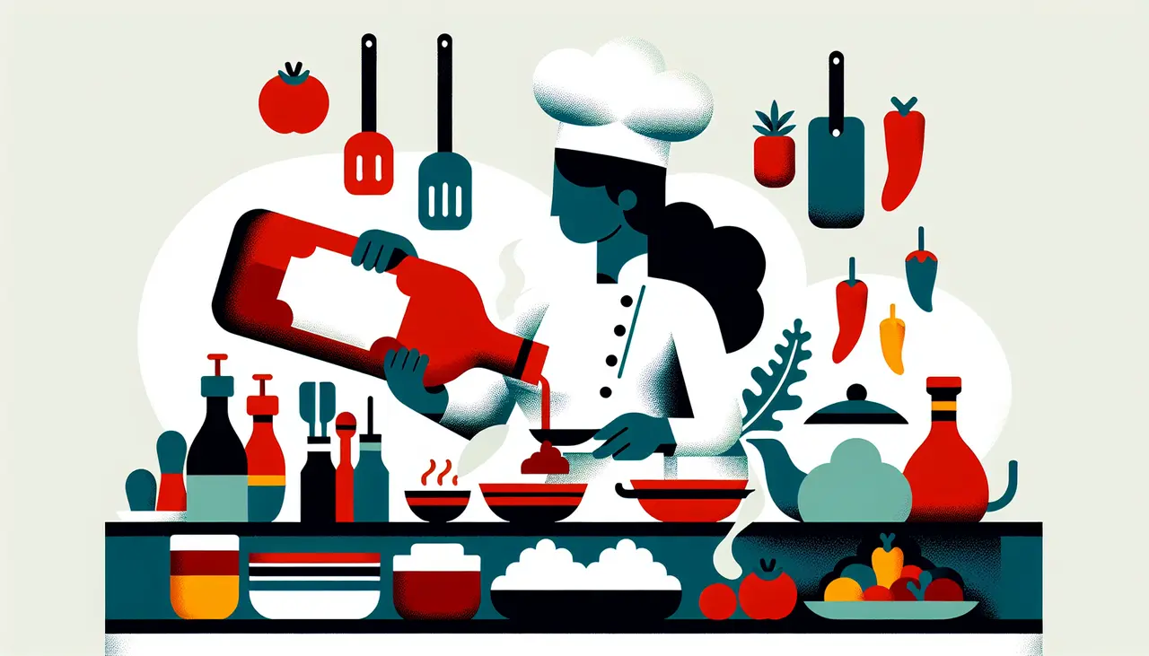 Draw a graphic in flat design style. A flat design illustration of a chef pouring ketchup from a large bottle into different dishes on a kitchen table.